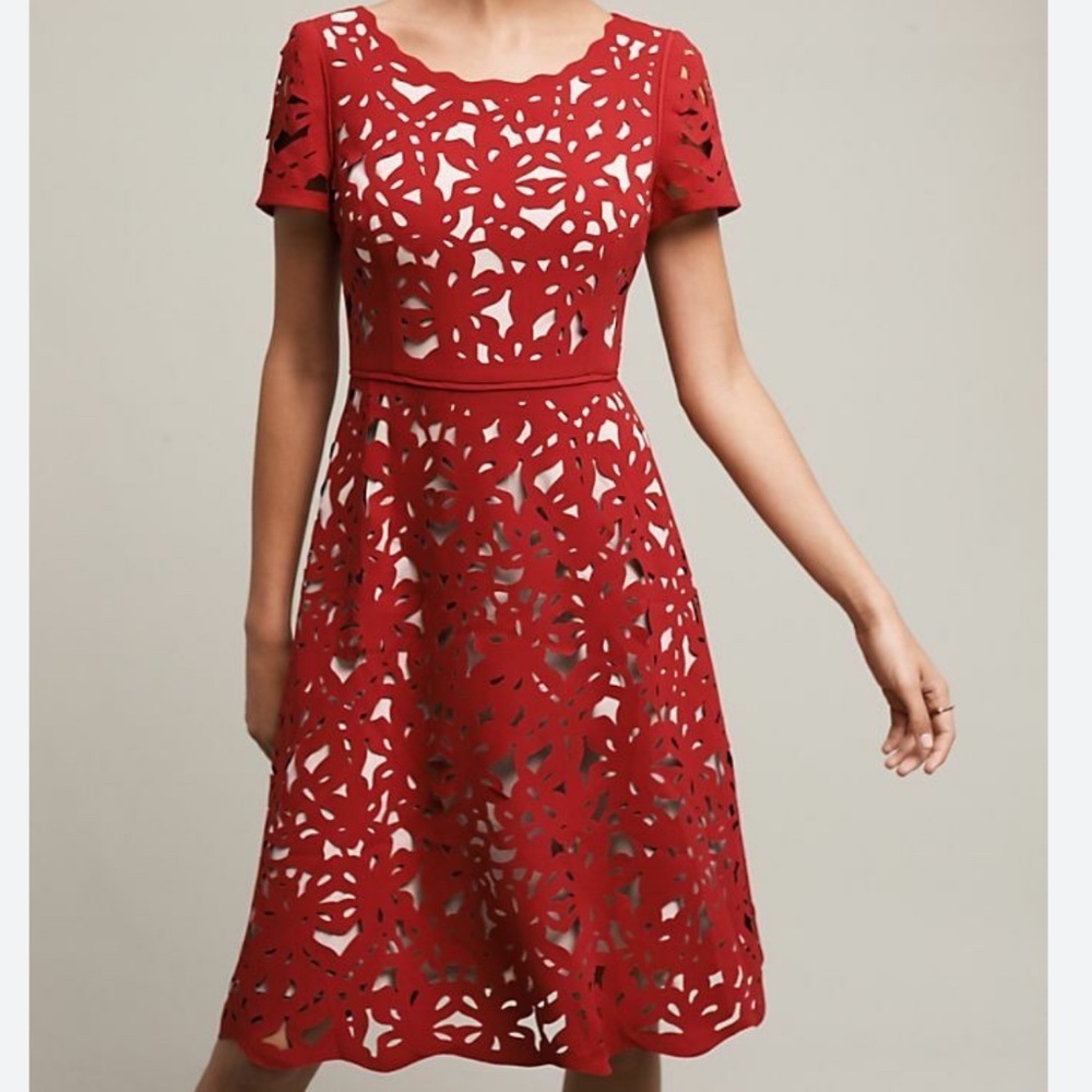 Moulinette Soeurs Laser-Cut Red Fit & Flare Dress Anthropologie Size 6